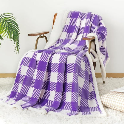Touchat Sherpa Plaid Twin Blanket 60" X 70", Fuzzy Fluffy Soft Cozy Throw Blanket, Twin Size Plush Fleece Flannel Plush Microfiber Blanket for Couch Bed Sofa (PurpleWhite)
