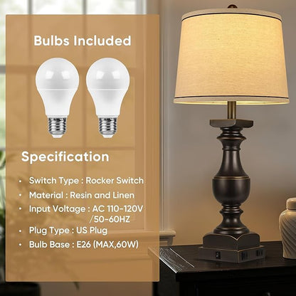 28'' Farmhouse Bedside Lamps Set of 2, Black Gold Table Lamps for Nightstand, Desk Lamps with Linen Shades, Table Lamps with USB A+C Port, Nightstand Lamps for Bedroom, Rocker Switch, Bulb Included