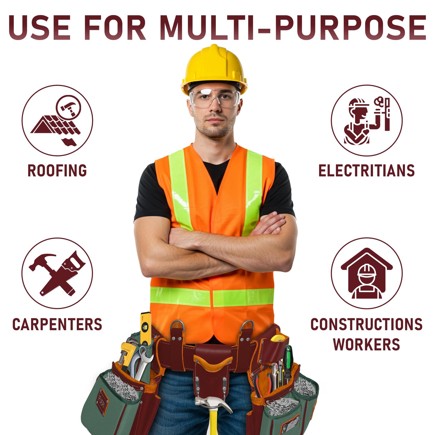 FUERI Electrician's Heavy Duty Tool Belt for Men, Made of Thick Leather and Durable Nylon, Comes with Adjustable Padded Tool Belt, Storage Capacity Tool Pouches, Hammer Holder, And Suspender Loops.