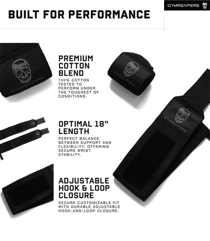 Gymreapers Weightlifting Wrist Wraps, Black/Black, 18", One Size