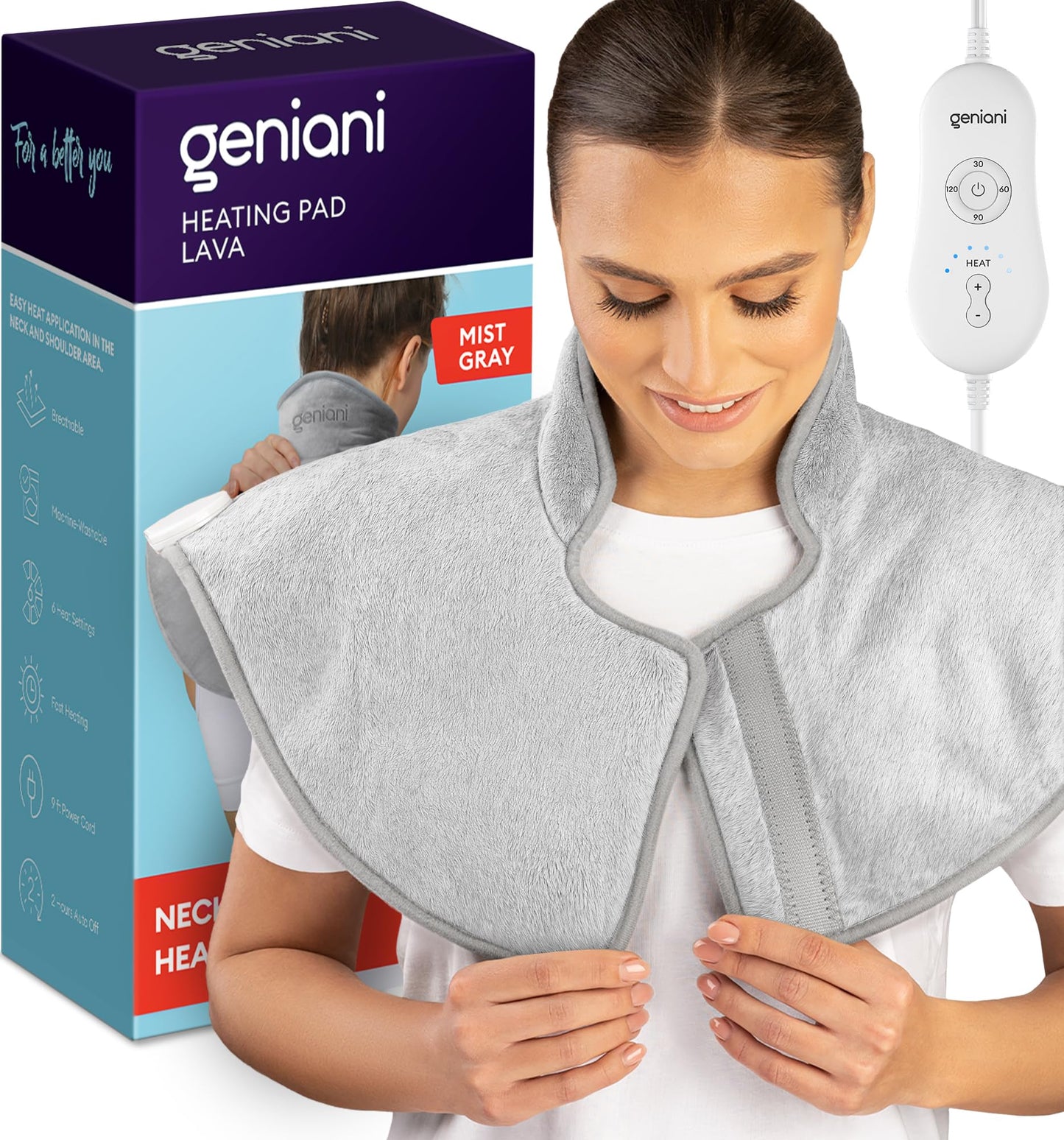 GENIANI Electric Throw - XL Electric Heating Pad for Back Pain & Cramps Relief, Birthday for Women Men Auto Shut Off, Machine Washable, Heat Pad for Neck & Shoulder, 12×24", Tabby Gray