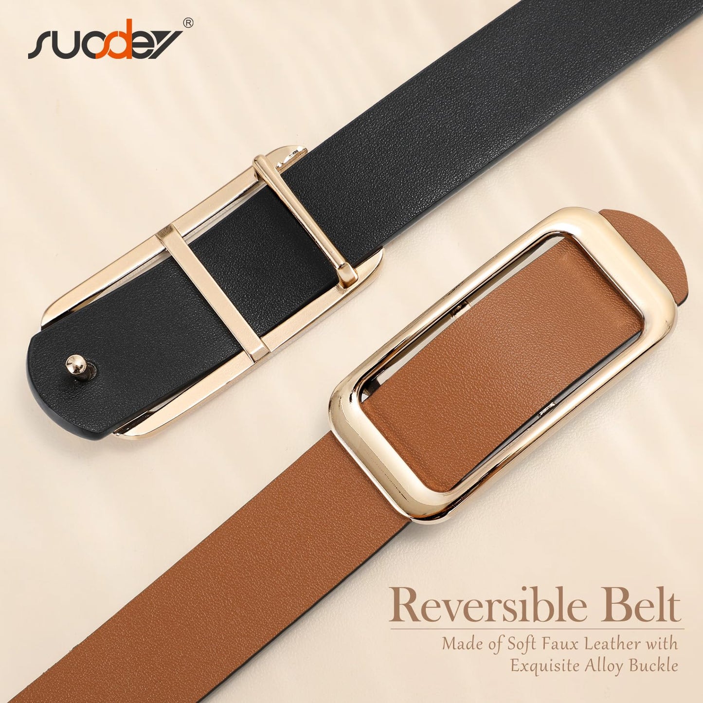SUOSDEY Women Reversible Leather Belts for Jeans Pants Dresses Ladies Fashion Belts with Gold Buckle,Width 0.9"