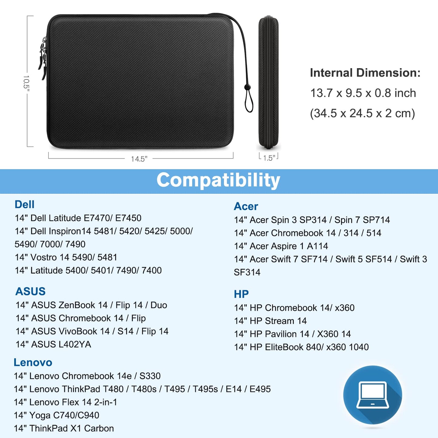 FINPAC 14-inch Hard Laptop Sleeve Case Compatible with Acer Chromebook Lenovo, HP, ASUS, Dell, Acer Laptop Notebook Ultrabook, Water-Resistant Shockproof Computer Bag, Black