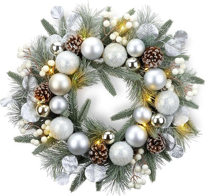 YULETIME 20-inch Christmas Wreath, Battery Operated Holiday Wreath with 20 Fairy Lights, Silvery Baubles, White Berries, Pine Cones, Silvery Leaves, Frosted Spruce Branches & Pine Needles (Silver)