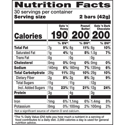 Nature Valley Crunchy Granola Bars Bulk Variety Pack, Oats 'n Honey, Peanut Butter & Oats 'n Dark Chocolate, 30 Two-Bar Wrapped Pouches (60 Bars Total), Whole Grain, No Artificial Flavors, 44.7 OZ