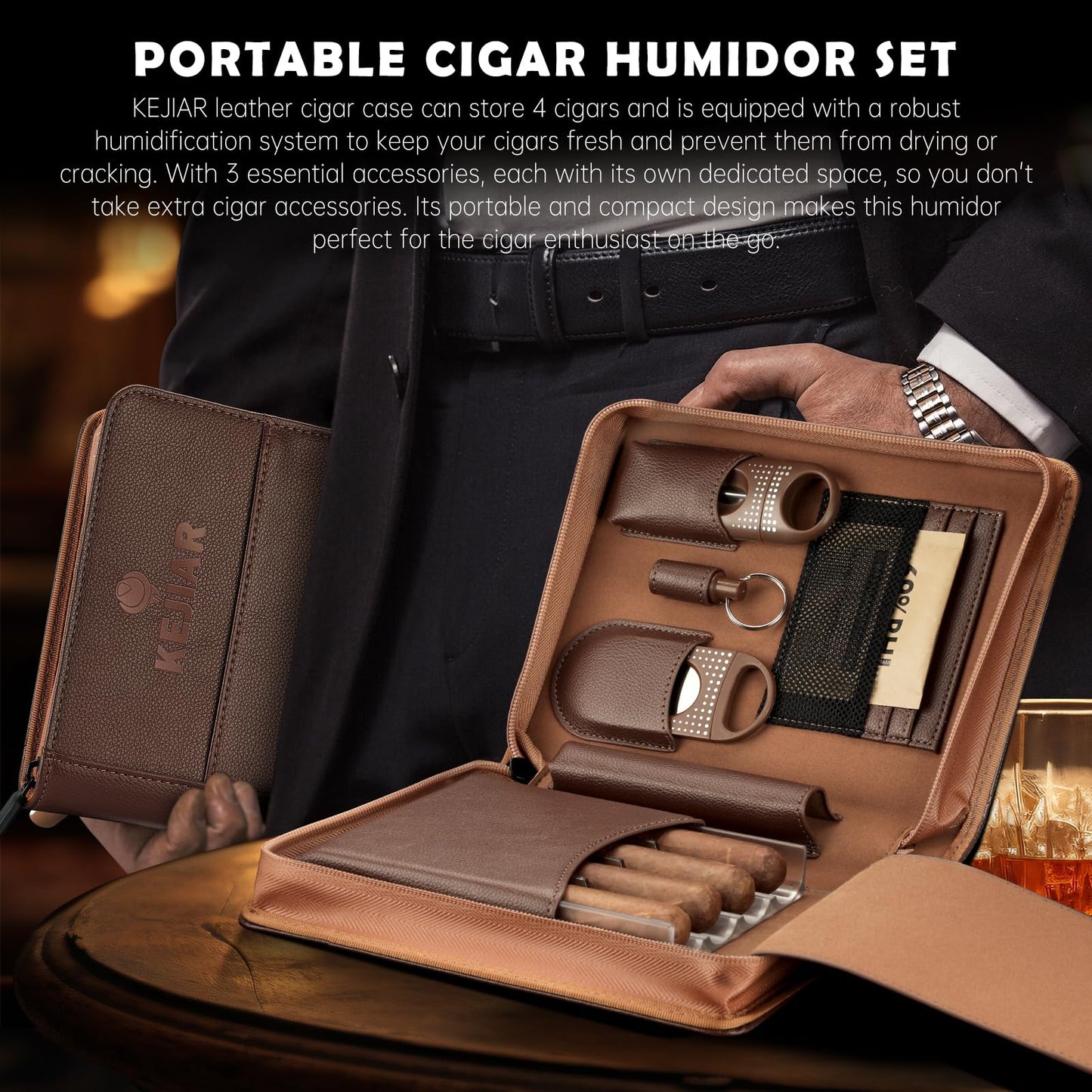 KEJIAR Cigar Humidor Case, Portable Cigar Box with Straight Cutter, V Cutter, Hole Puncher, Humidifier Packs, Travel Humidor and Cigar Accessories Gift Set Leather Cigar Case (Brown)
