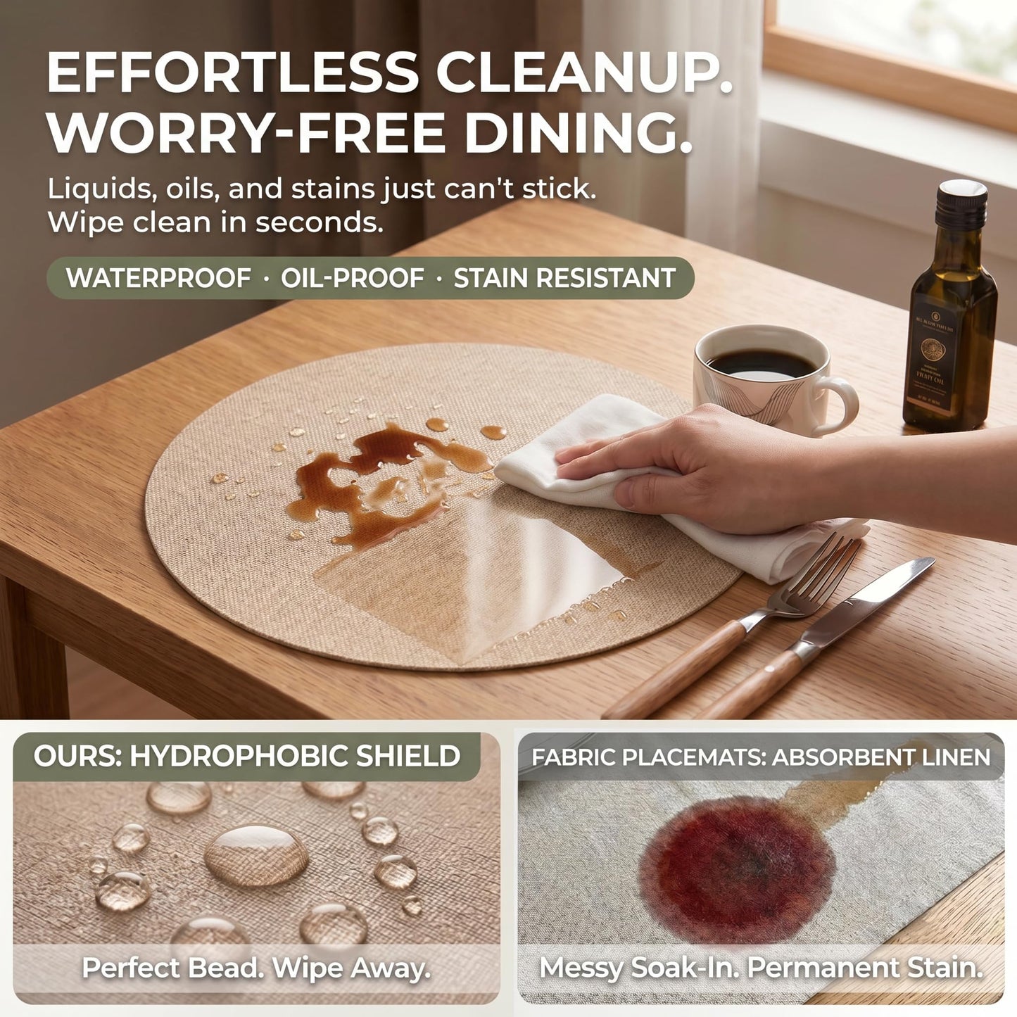 Faux Leather Placemats Set of 6, Wipeable Waterproof Stain Resistant Table Mats, Heat Resistant Thick Placemats with Hand-Painted Edges for Kitchen Dining, Imitative Linen Texture, Various Shapes