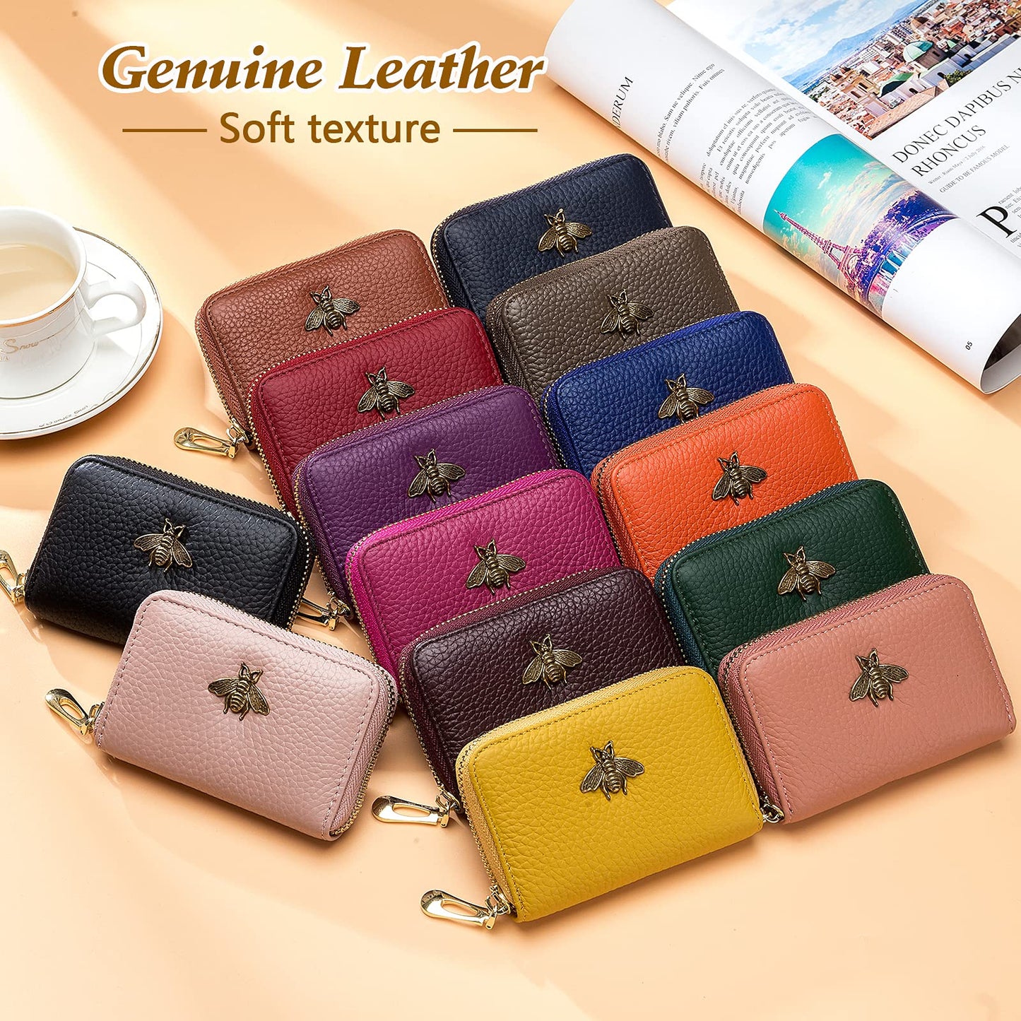 imeetu RFID Credit Card Holder, Small Leather Zipper Card Case Wallet for Women (Lite,Yellow Green)
