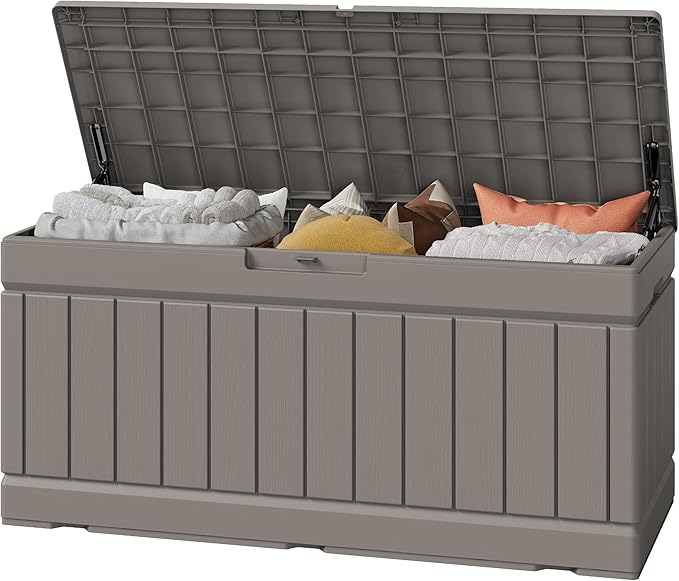 Greesum 82 Gallon Resin Deck Box Large Outdoor Storage for Patio Furniture, Garden Tools, Pool Supplies, Weatherproof and UV Resistant, Lockable, Coffee
