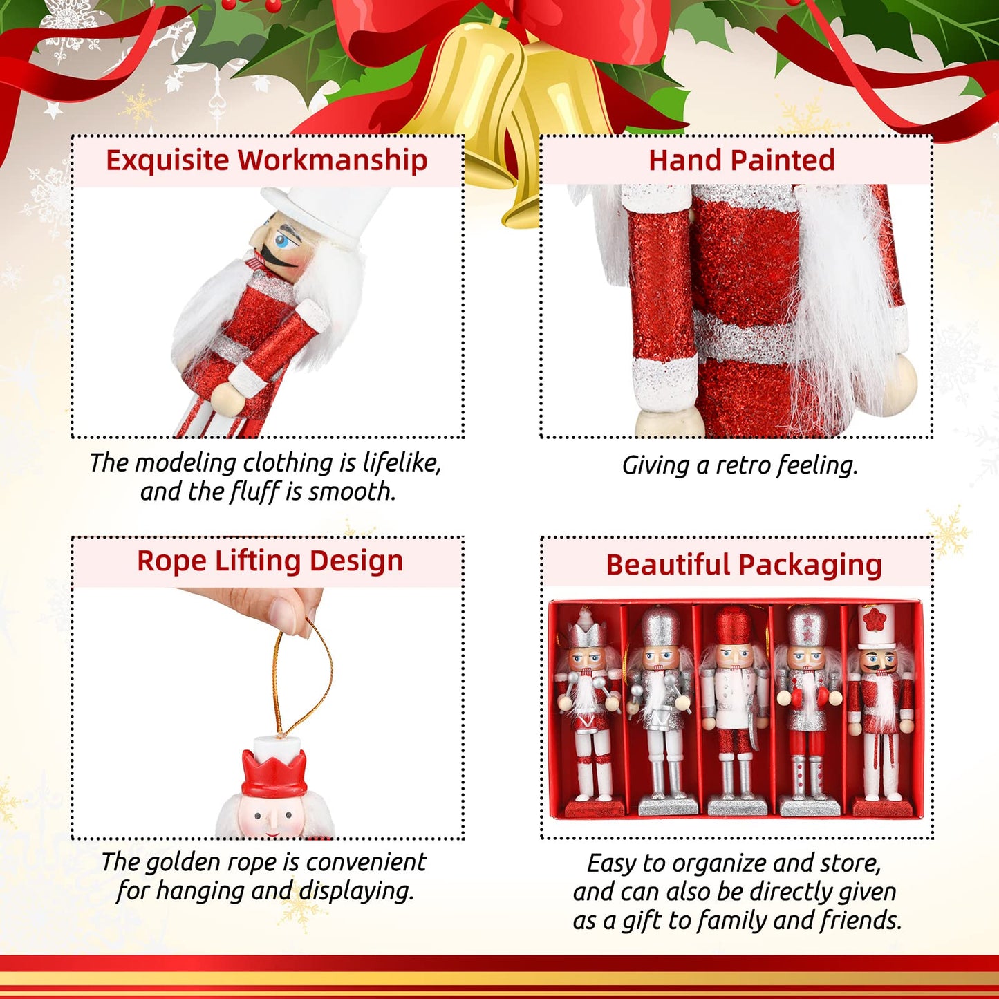 Jetec 10 Pcs Christmas Nutcracker Ornaments Wooden Hanging Decorations 5 Inch Tall Nutcracker Figures Christmas Decorations (Bright Style)