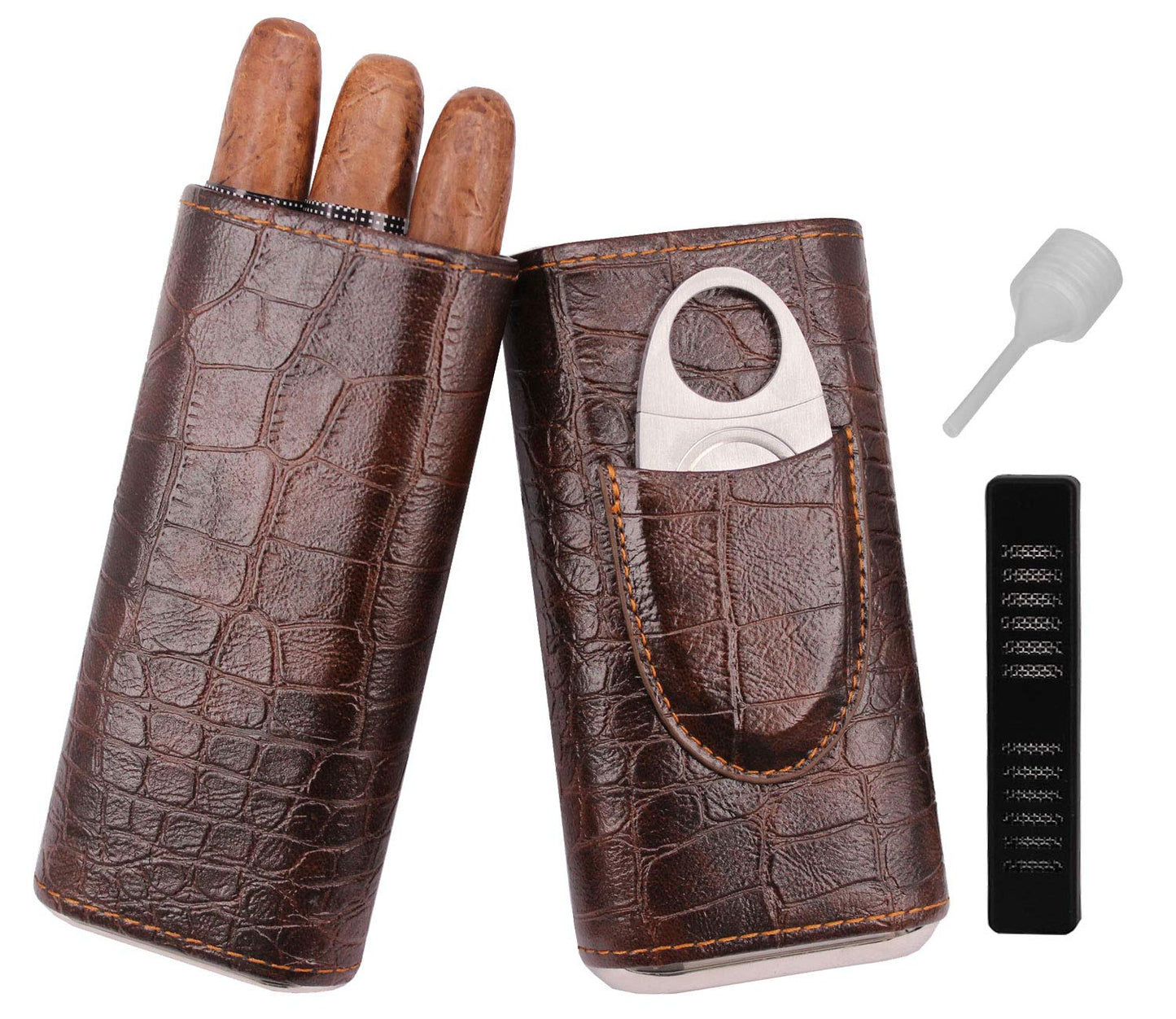 AMANCY 3-Finger Classy Black Brown Crocodile Pattern Leather Cigar Case With Small Humidifier and Cutter