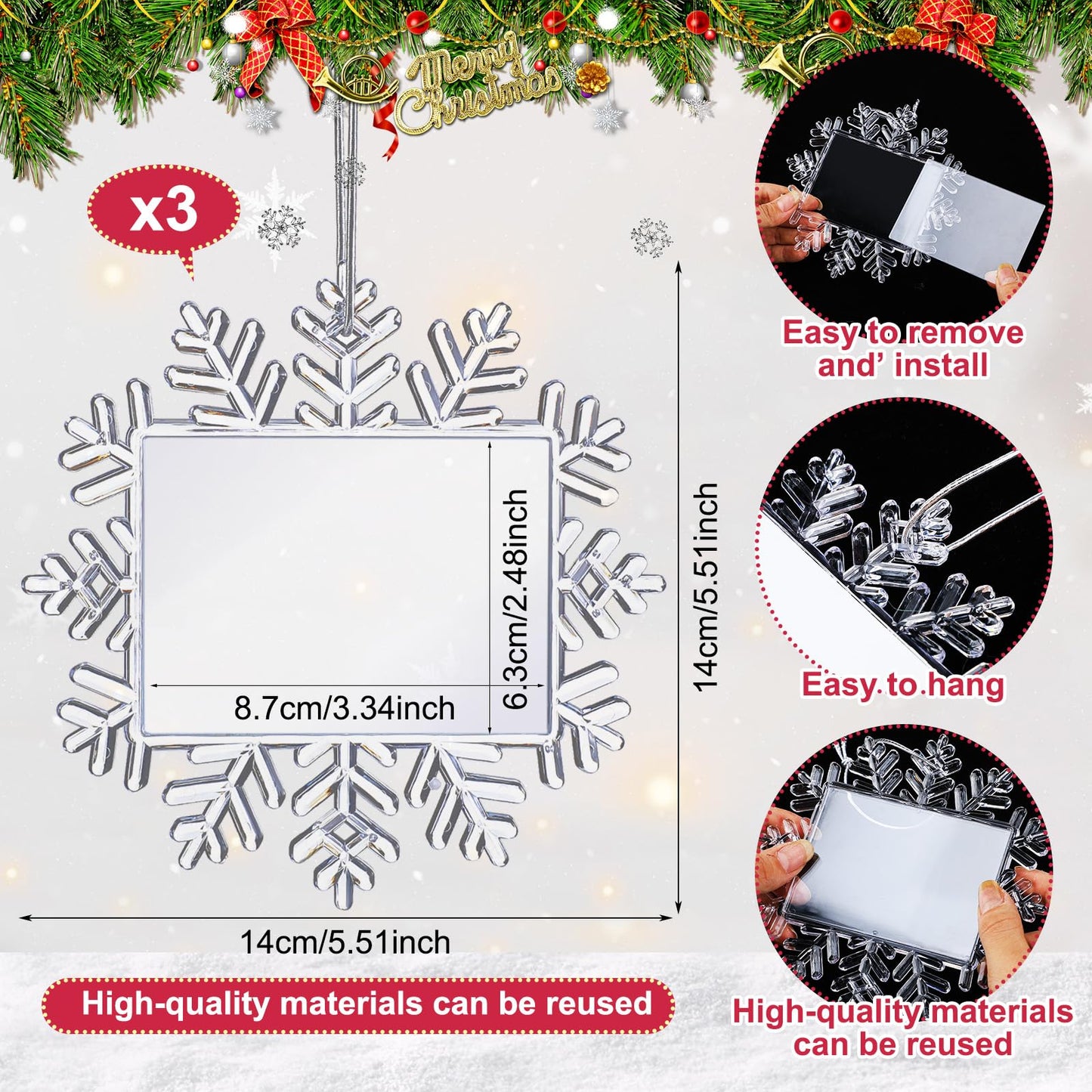 Yookeer 3 Pcs Christmas Snowflake Hanging Photo Frame Snowflake Ornaments Xmas Picture Ornaments Christmas Acrylic Photo Decorations Picture Frame for Xmas Tree (Classic)
