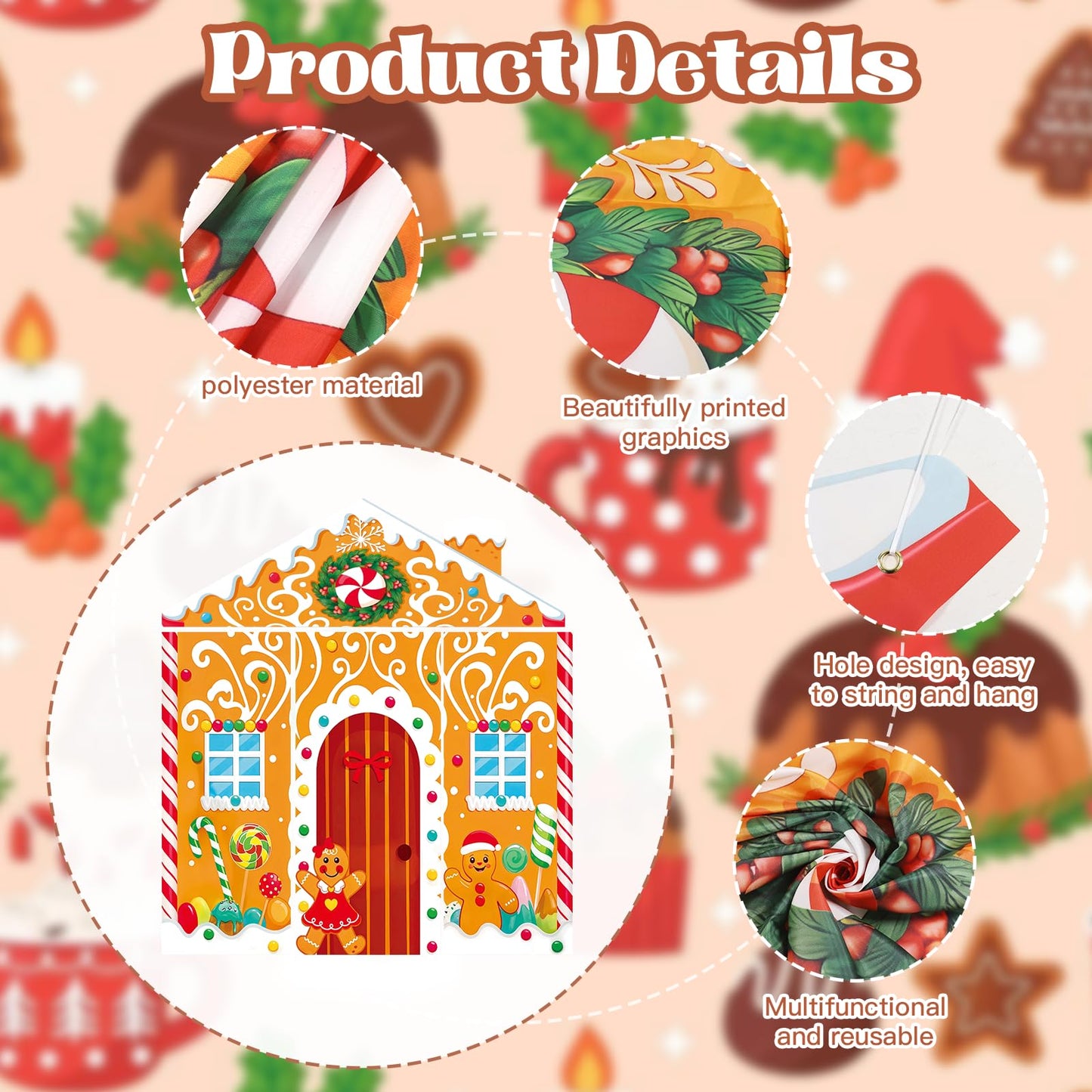 4Pcs Christmas Gingerbread Door Cover Decorations,Gingerbread House Candy Porch Banner Sign for Xmas Holiday Classroom Office Home Party Decor