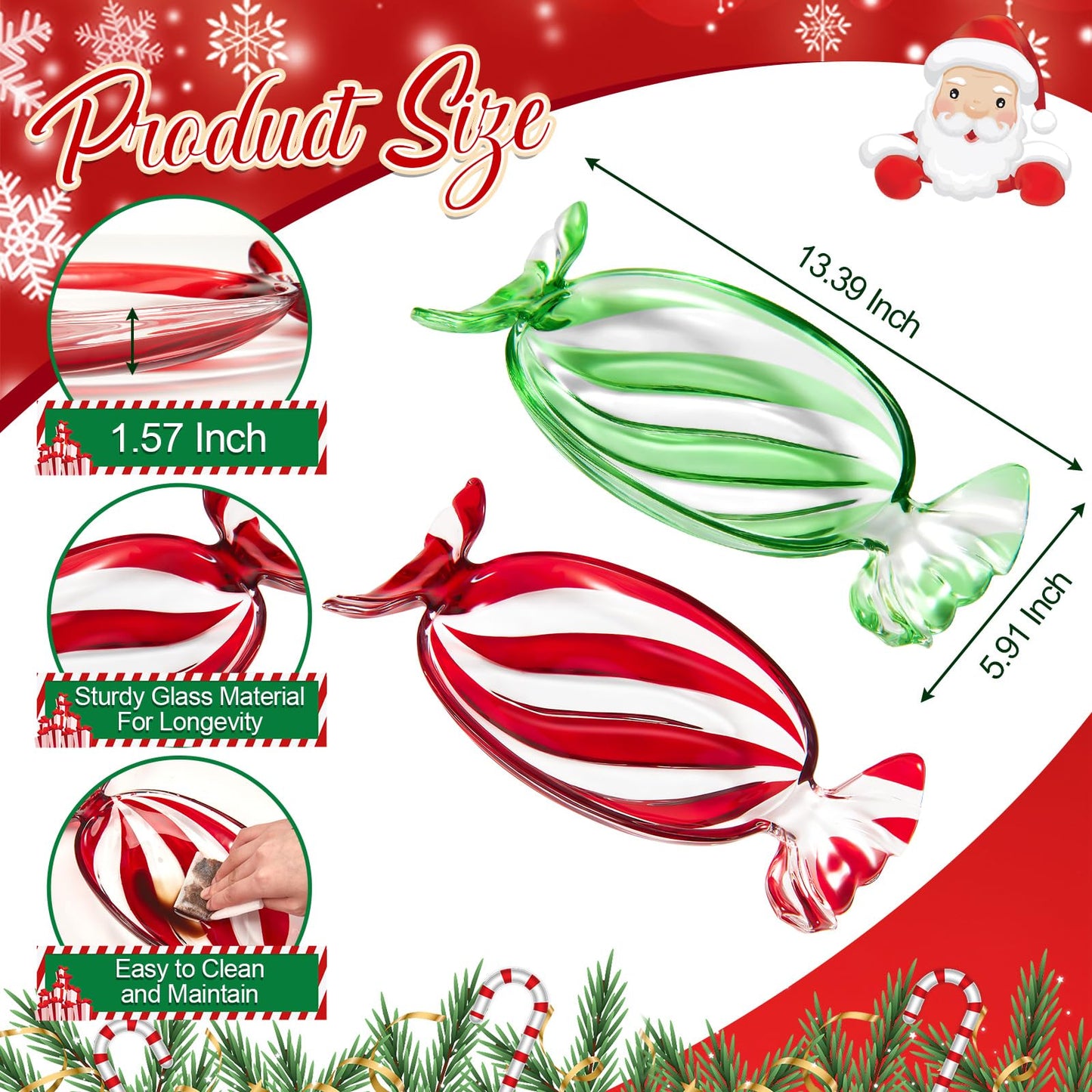 Maxcheck 2 Pcs Christmas Candy Platter Glass Candy Dish Tray Decorative Dessert Plate for Xmas Parties Holiday Treats Bowls Crystal Fruit Plates for Party Snack Storage (Large,Red and Green)