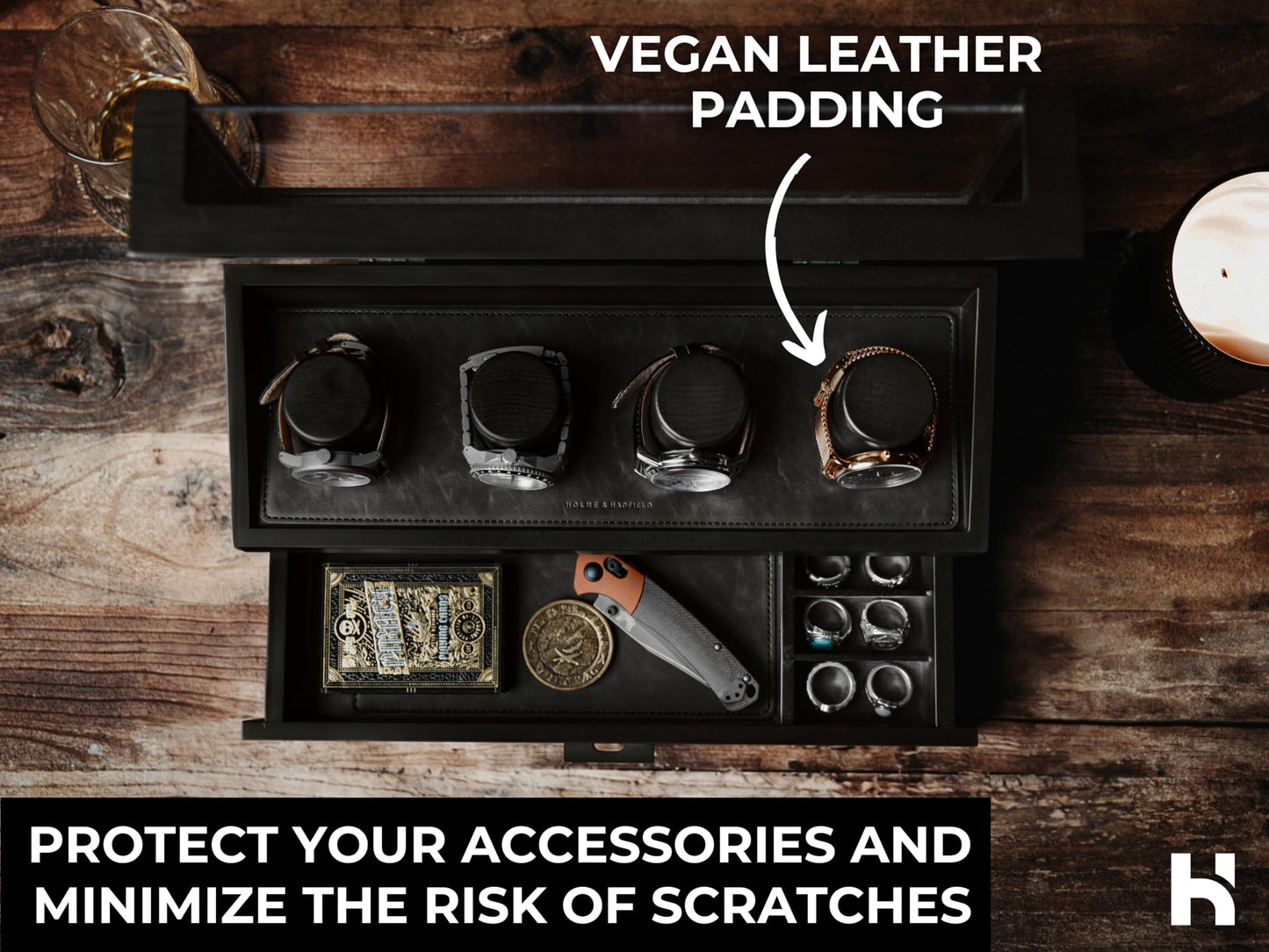 Premium 4 Slot Watch Box for Men (2026 Upgraded) – Wooden Watch Display Case with Hinged Wood Cover, Leather Lining & Drawer – Watch Organizer Stand – Handcrafted Luxury Father's Day Present for Men