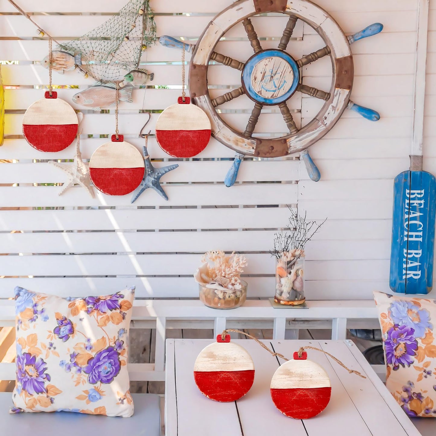 Threehoney 5 Pcs Fishing Bobbers Floats Table Decorations Red and White Wooden Bobbers Decor 4 x 3.5 Inch Farmhouse Wood Summer Table Centerpieces for Fishing Birthday Party Nautical Lake House Decor