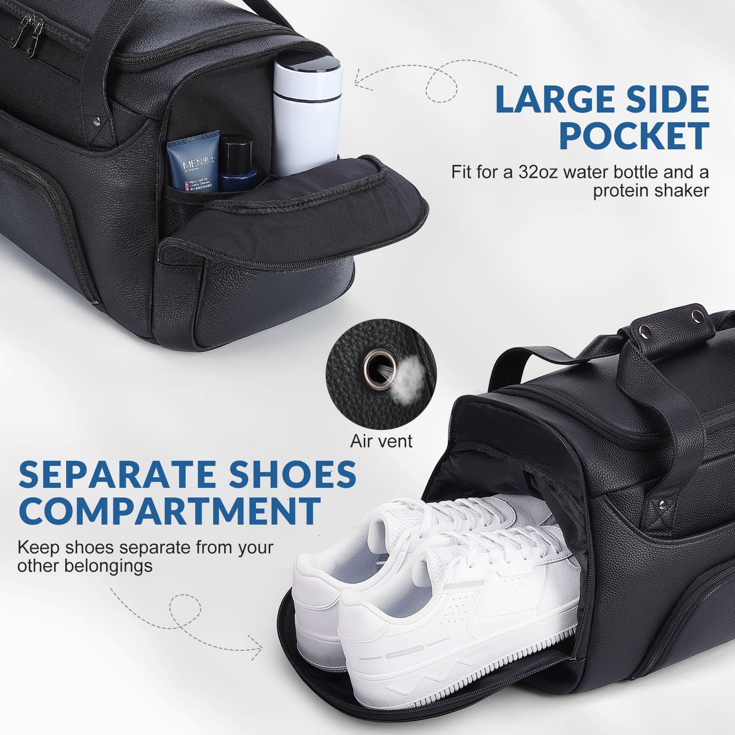 TIDING 21" Leather Travel Duffle Bag for Men Women, 40L Gym Sports Duffel Bag Waterproof Weekender Overnight Luggage Bag with Shoe Compartment