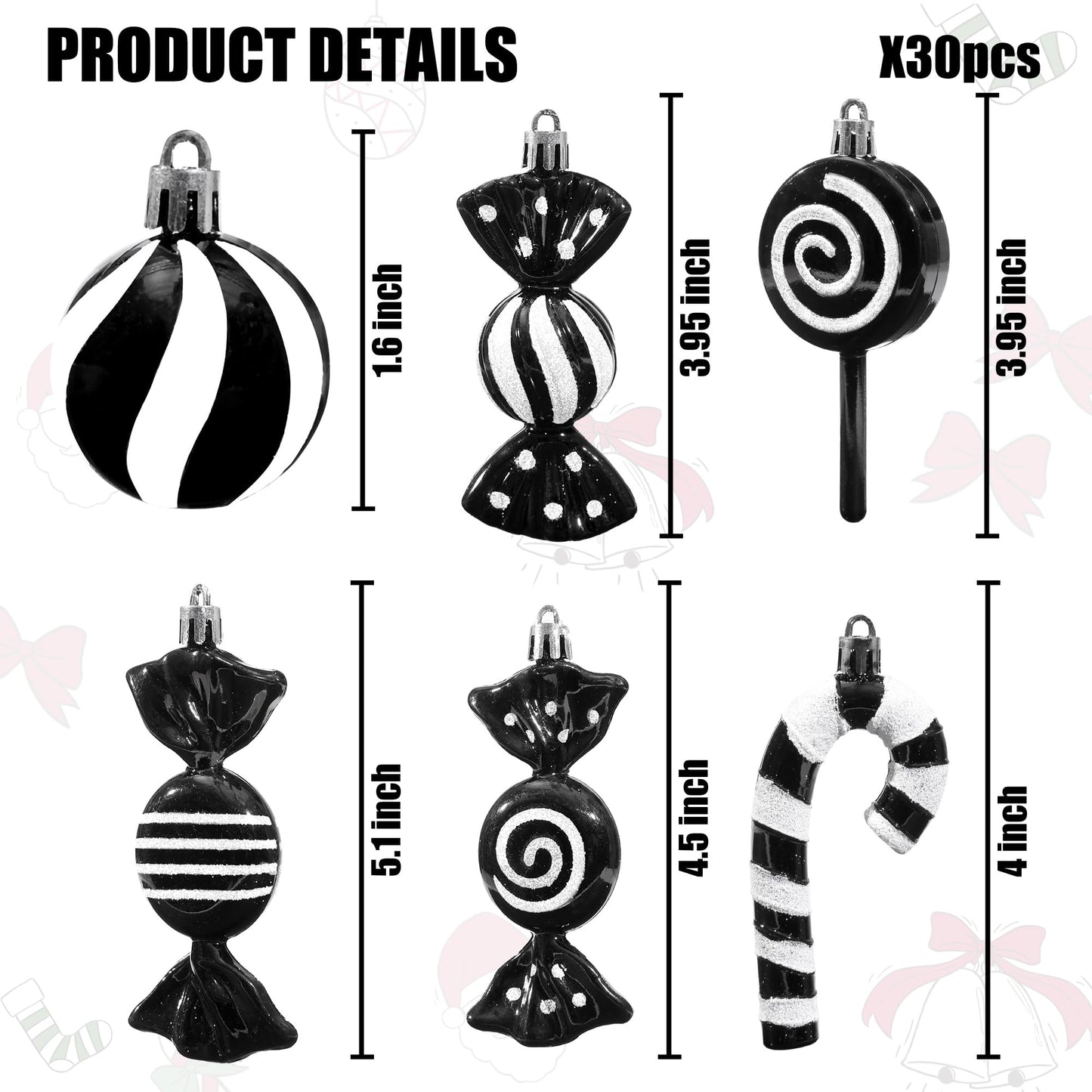 Christmas Candy Cane Lollipop Ornaments for Christmas Tree 30Pcs Xmas Plastic Peppermint Christmas Tree Hanging Ball Pendants for Xmas Party Indoor New Year Holiday Home Decorations (Black)