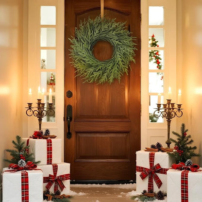 26" Norfolk Pine Wreath for Front Door, Artificial Christmas Wreaths Faux Green Fake Pine Needles Wreath for Front Door Wall Windows Indoor Outdoor Christmas Decor