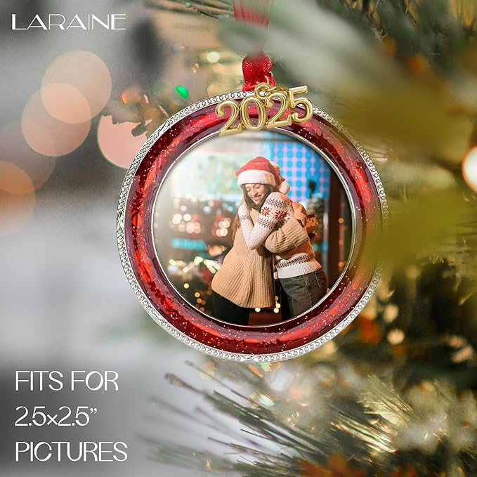 Laraine Christmas Tree Ornaments – Decorative Hanging 2025 Holiday Keepsake Gift Round Pendant with 2.5” Photo Frame Insert for Picture of Pet (Round Red (2025))