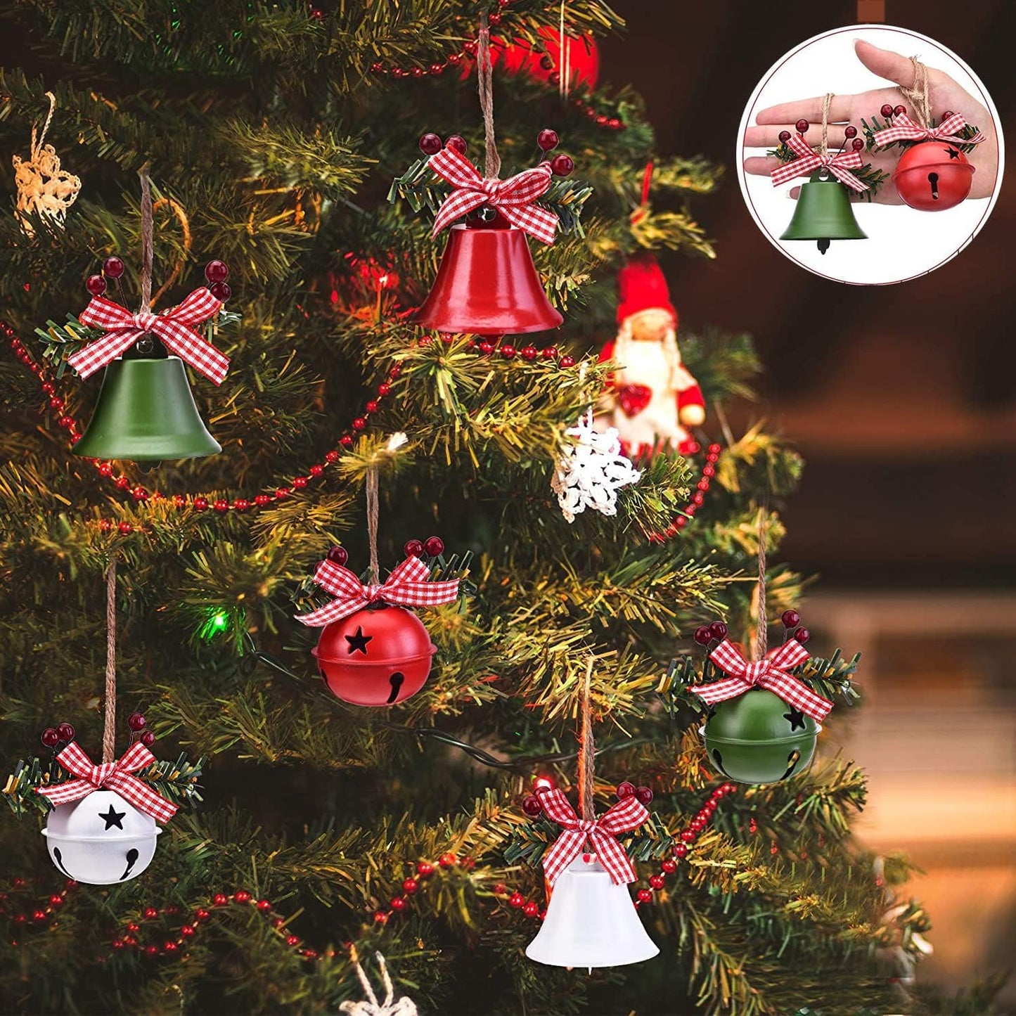 Christmas Bell Ornaments 2025 Xmas Tree Hanging Decorations Large Size Bells with Holly Berry for Crafts Holiday Party Favors Supplies (Red,Green, White) 6 Piece