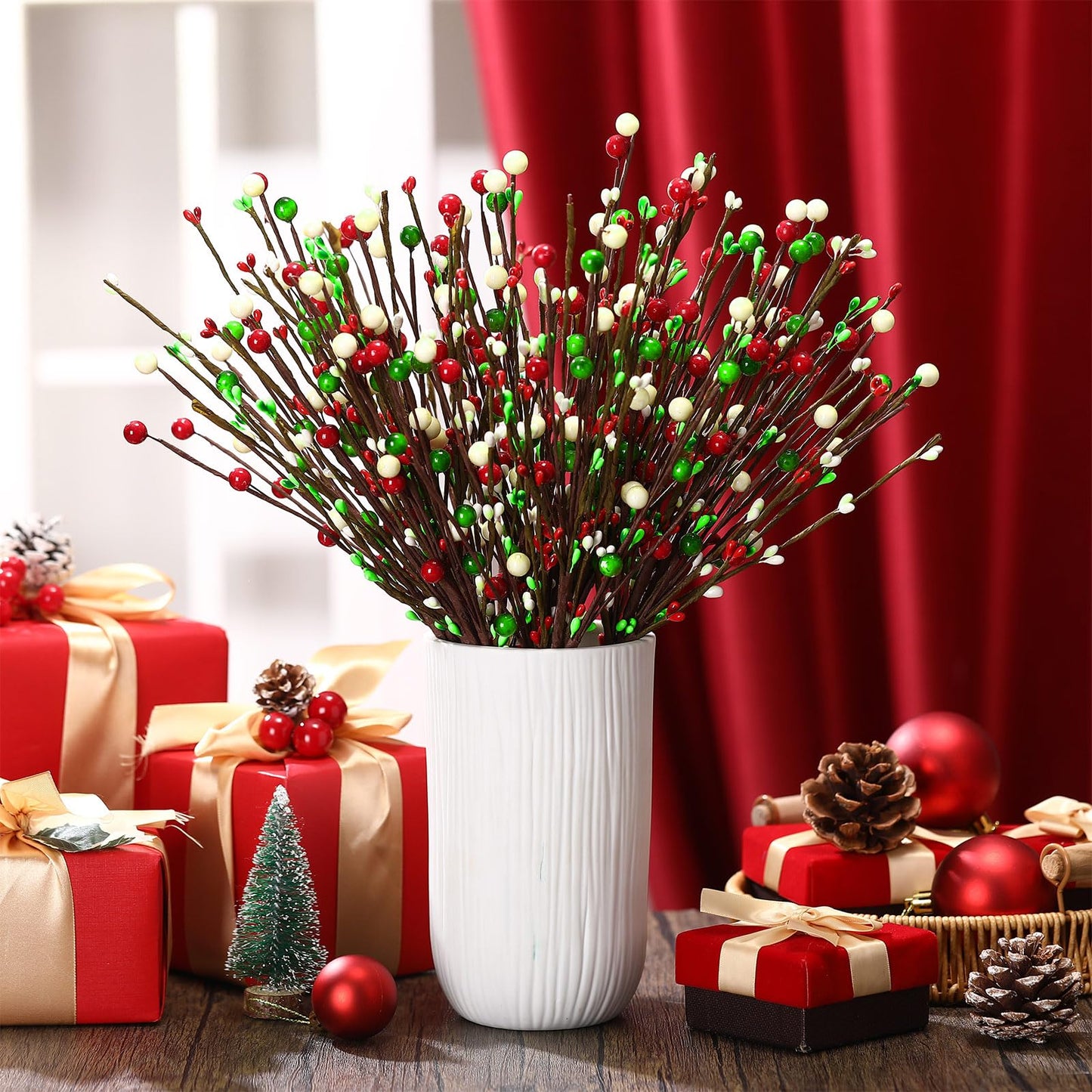Cindeer 10 Pcs Christmas Floral Picks Berry Red Lime Green White Stem Tree Craft Picks Artificial Berry Spray Fruit Floral Bunch Christmas Tree Branch for Xmas Wreath Vase Home Festival Office Decor