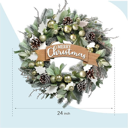 Christmas Wreath for Front Door 24" Green Leaf Wreath for Window Home Porch Farmhouse Garden Indoor Outdoor Decor with Ribbon Bow Flash Ball for All Season