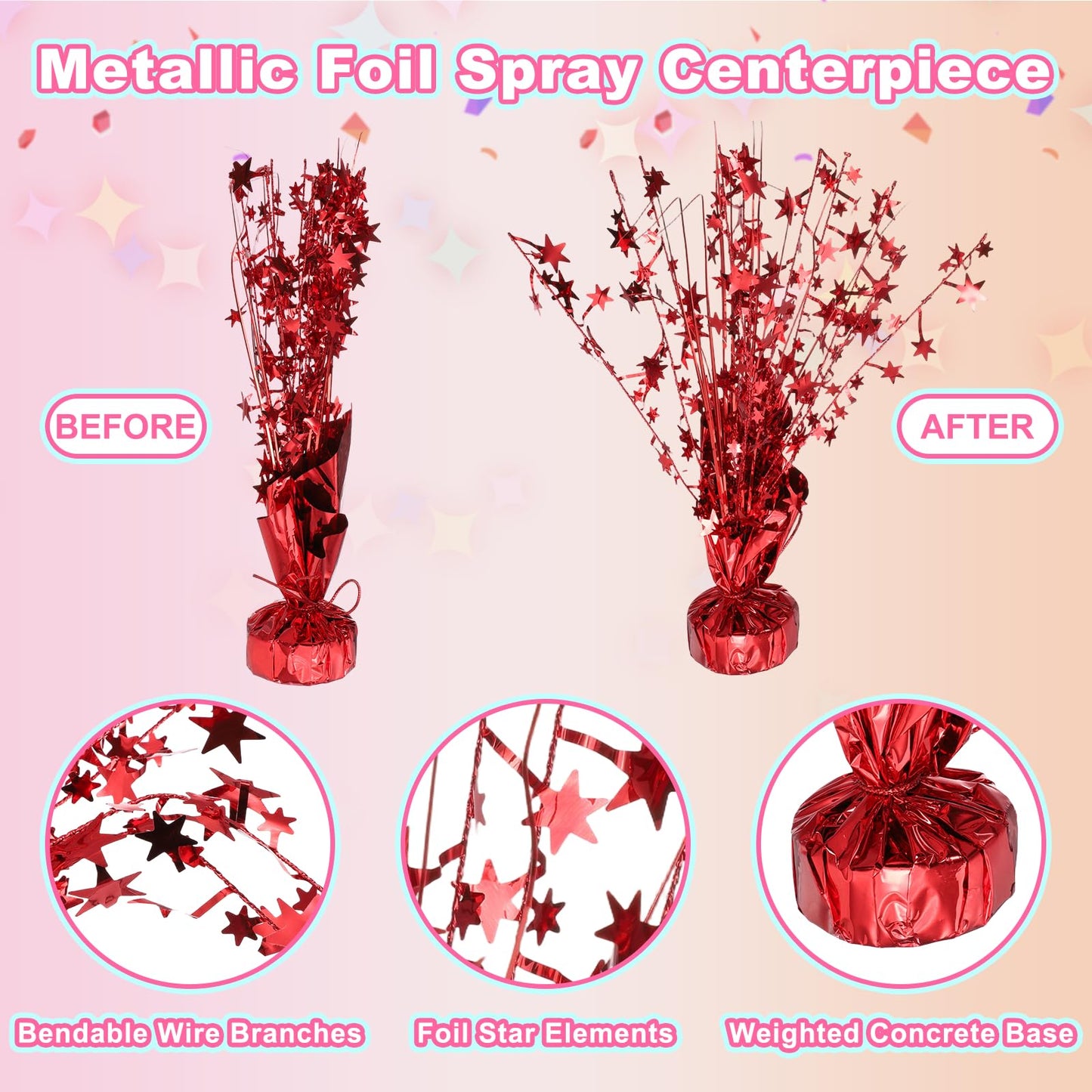 uxcell 4Pcs Metallic Foil Spray Centerpiece, 12.2" Star Table Decoration Spray Decoration for Christmas Wedding Birthday Party Graduation Celebration New Year, Black/Red/Rose Red /Blue
