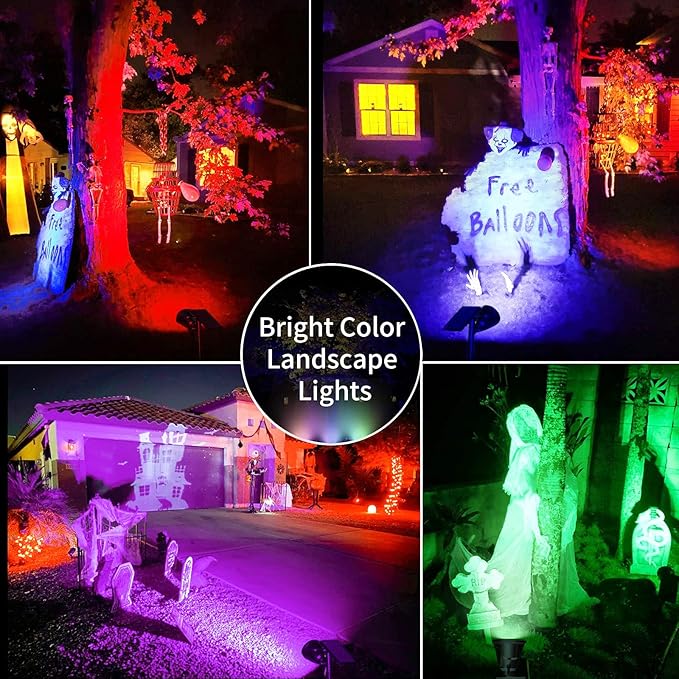 JSOT 2 Pack Halloween Color Solar Spot Light for Yard, RGB Solar Light Outdoor Waterproof Color Changing Spotlight Landscape Uplighting with 9 Lighting Options Decor for Backyard Walkway Tree Lawn