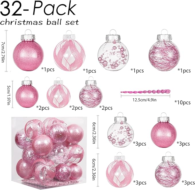 XmasExp 32ct Christmas Ball Ornaments Set -Pink Clear Plastic Shatterproof Xmas Tree Ball Decorations Hanging Baubles for Holiday Decor