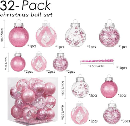 XmasExp 32ct Christmas Ball Ornaments Set -Pink Clear Plastic Shatterproof Xmas Tree Ball Decorations Hanging Baubles for Holiday Decor