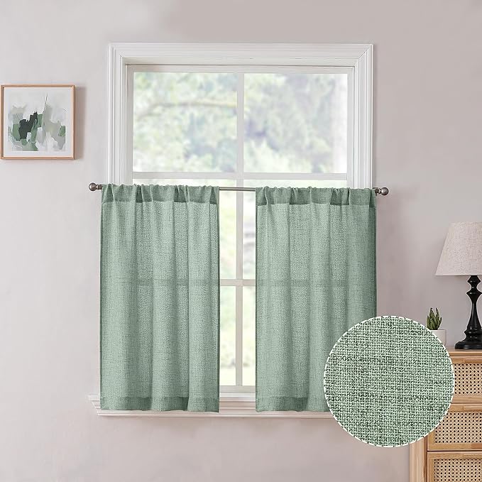 Tollpiz Short Linen Tier Curtains Rod Pocket Semi Sheer Half Kitchen Curtain Burlap Light Filtering Thick Linen Drapes for Bathroom, 30 x 24 inches Long, Sage Green, Set of 2 Panels