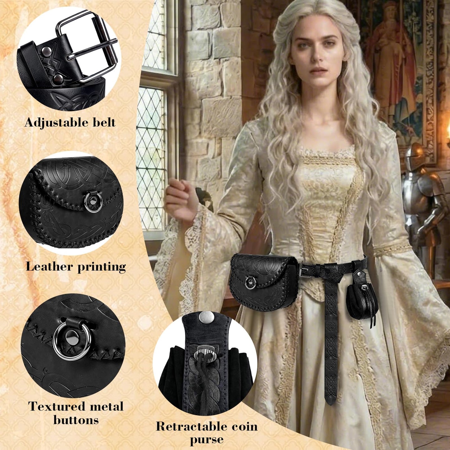 Renaissance Belt Pouch Waist Bag Set - Medieval Viking Pirate Coin Purse Skirt Hike for LARP Halloween Cosplay Accessories (Black)