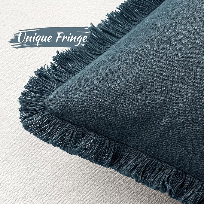 MIULEE Decorative Lumbar Throw Pillow Covers Neutral Linen Fringe Throw Pillows Set of 2 Navy Blue Boho Farmhouse Cushion Covers for Couch Sofa Bed Living Room Spring Home Decor 12x20 Inch