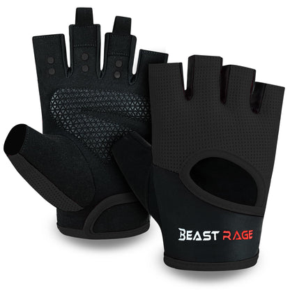 BEAST RAGE Workout Gloves for Men Gym Gloves for Weightlifting Women Fingerless with Palm Protection Padding, Breathable and Lightweight Weight Lifting Glove Cycling Pull Up (Black, S)