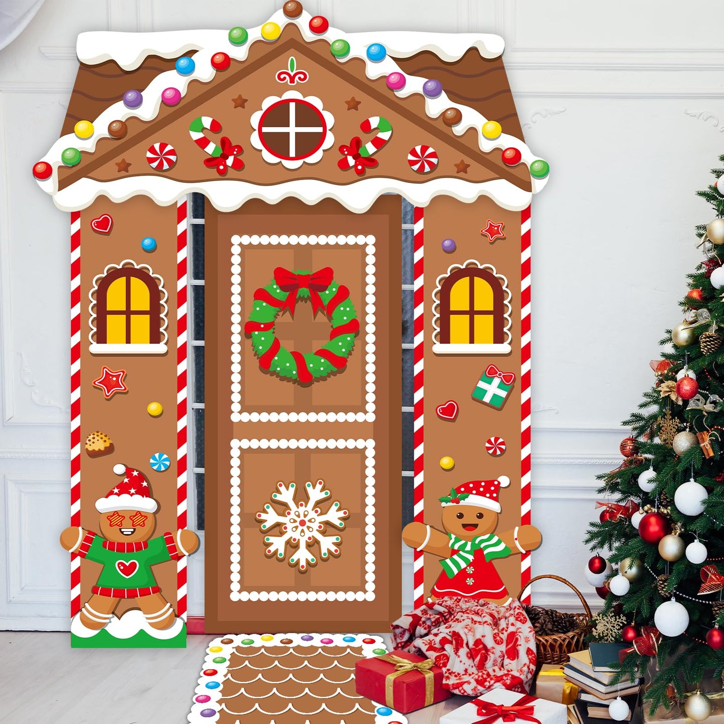 5 Pcs Christmas Gingerbread House Decorations Xmas Candy Gingerbread Door Cover Floor Runner Xmas Candy Hanging Banner Backdrop Christmas Porch Signs for Holiday Classroom Home Candyland Party Decor