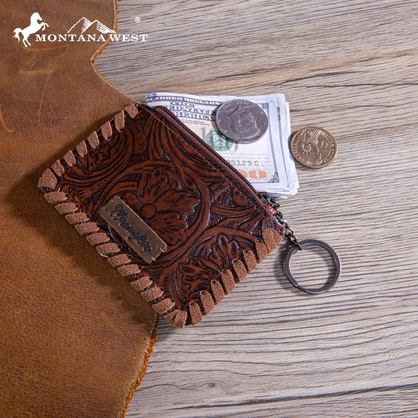 Montana West × Wrangler Leather Change Wallet with Keychain for Men Women Small Coin Pouch Western Design, Brown