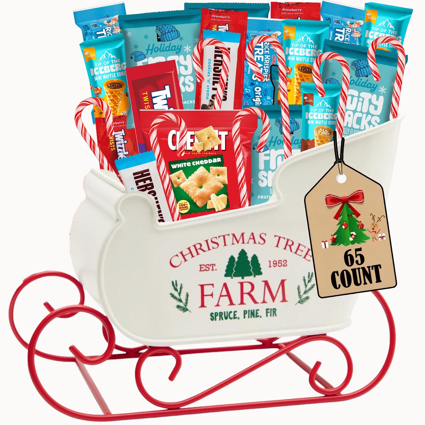 Christmas Gift Snack Care Package, 65 Count in Santa Sleigh Holiday Gift Basket for Christmas, Assorted Individually Wrapped Full Sized Candy Canes, Fruit Snacks and More, Candy Gift Basket for Adults