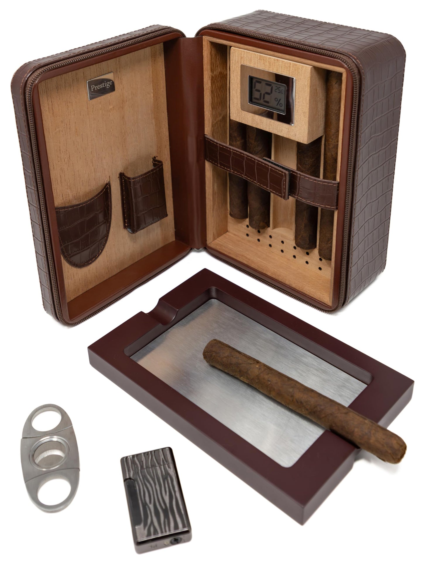 Prestige Import Group Manhattan XL Travel Cigar Humidor Case Set (Hygrometer, Ashtray, Cutter, Lighter, Humidifier) - Brown