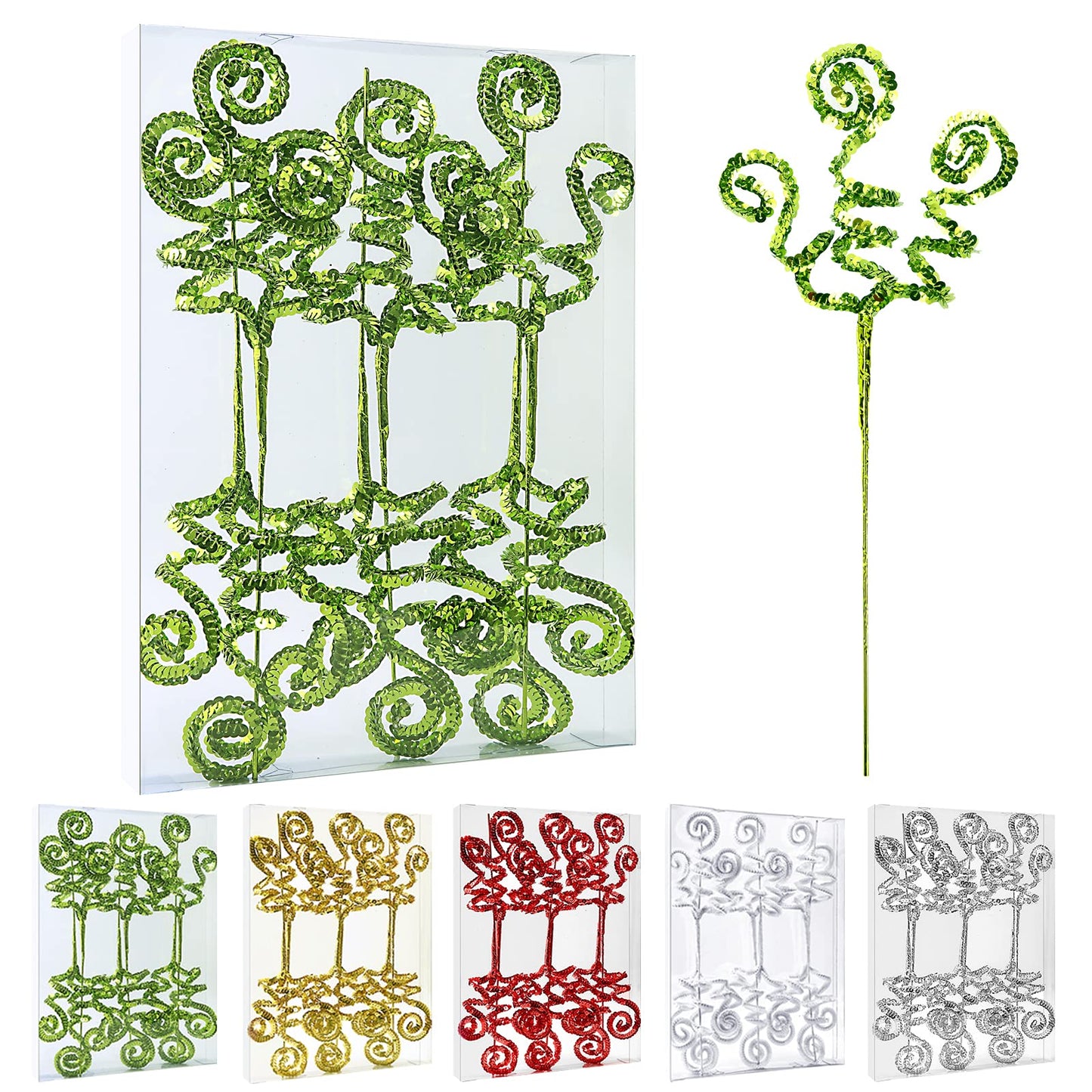ZHANYIGY 6PC Set Green Christmas Decoration Picks,Sequins Candy Shape Curly Pick, Christmas Tree Decorations Home Office Party Decorations Gifts