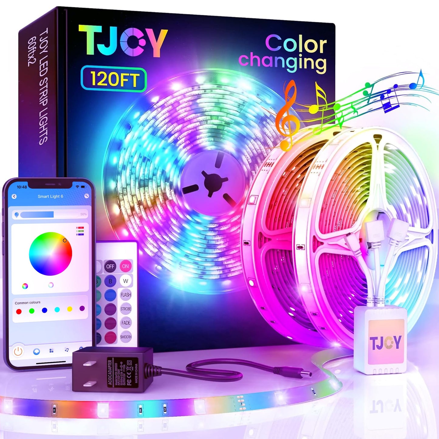 120ft Bluetooth LED Strip Lights,SMD 5050 Music Sync LED Lights Strip,RGB Color Changing LED Lights with Remote,Smart Phone APP Control,LED Lights for Bedroom,Ceiling,Room DIY(APP+Remote +Mic/60ftx2)