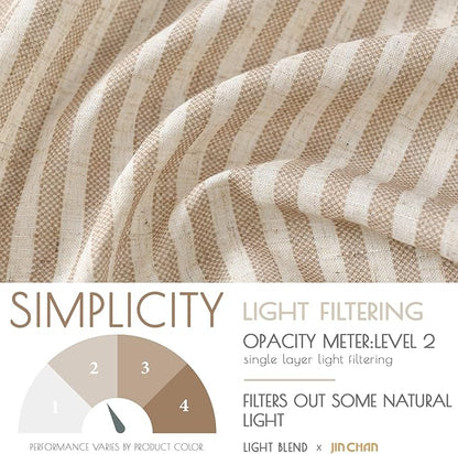 jinchan Tie Top Linen Kitchen Curtains 24 Inch Length Striped Tier Curtains Ticking Stripe Small Drapes for Living Room Bathroom Cafe Small Window Farmhouse Rustic Rod Pocket 2 Panels Tan