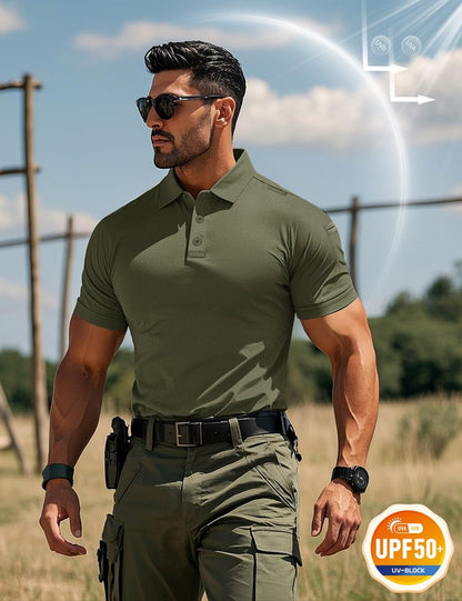 MAGCOMSEN Men's Polo Shirts Short Sleeve Quick Dry Performance Collared Shirts UPF 50+ Tactical Work Golf Polos Army Green
