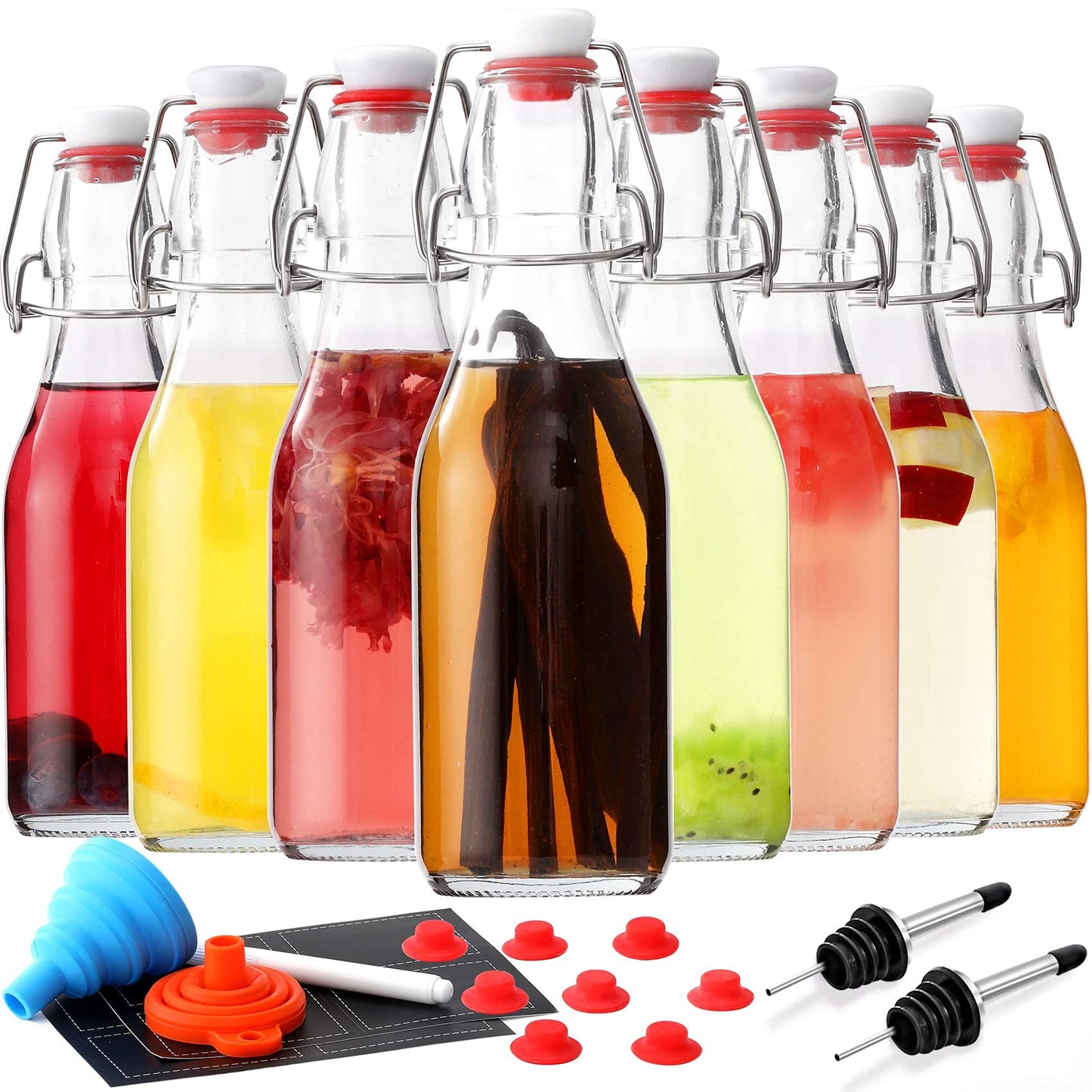 8-Pack 8.5oz Flip Top Glass Bottles, Swing Top Beer Brewing Bottle for Fermentation, Kombucha, Kefir, Vanilla Extract, Coquito, Juice, Soda, Tea - Airtight Stopper Cap Lid, Bonus 2 Bottle Pourers