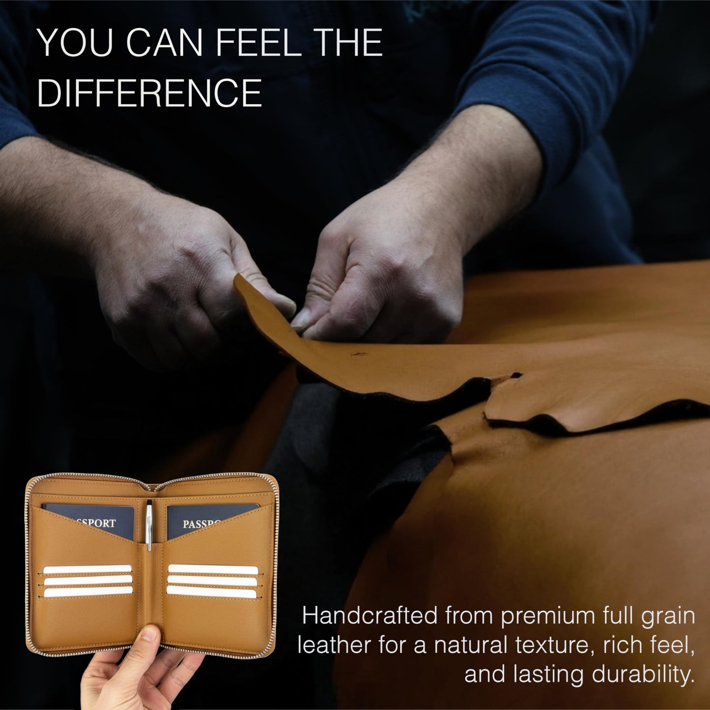 Travaci Full Grain Leather Passport Holder for 2 Passports - Dual Passport Holder and Travel Documents Organizer - RFID Travel Wallet for Couples - Camel