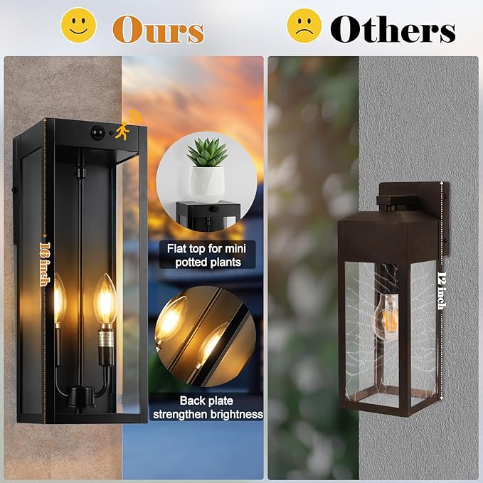 Black Motion Sensor Outdoor Lights 2-Light, 16” Modern Dusk to Dawn Sensor Lights for Outside 2 Pack, Exterior Wall Mount Porch Lanterns Waterproof Outside House Lamps for Garage Yard E12