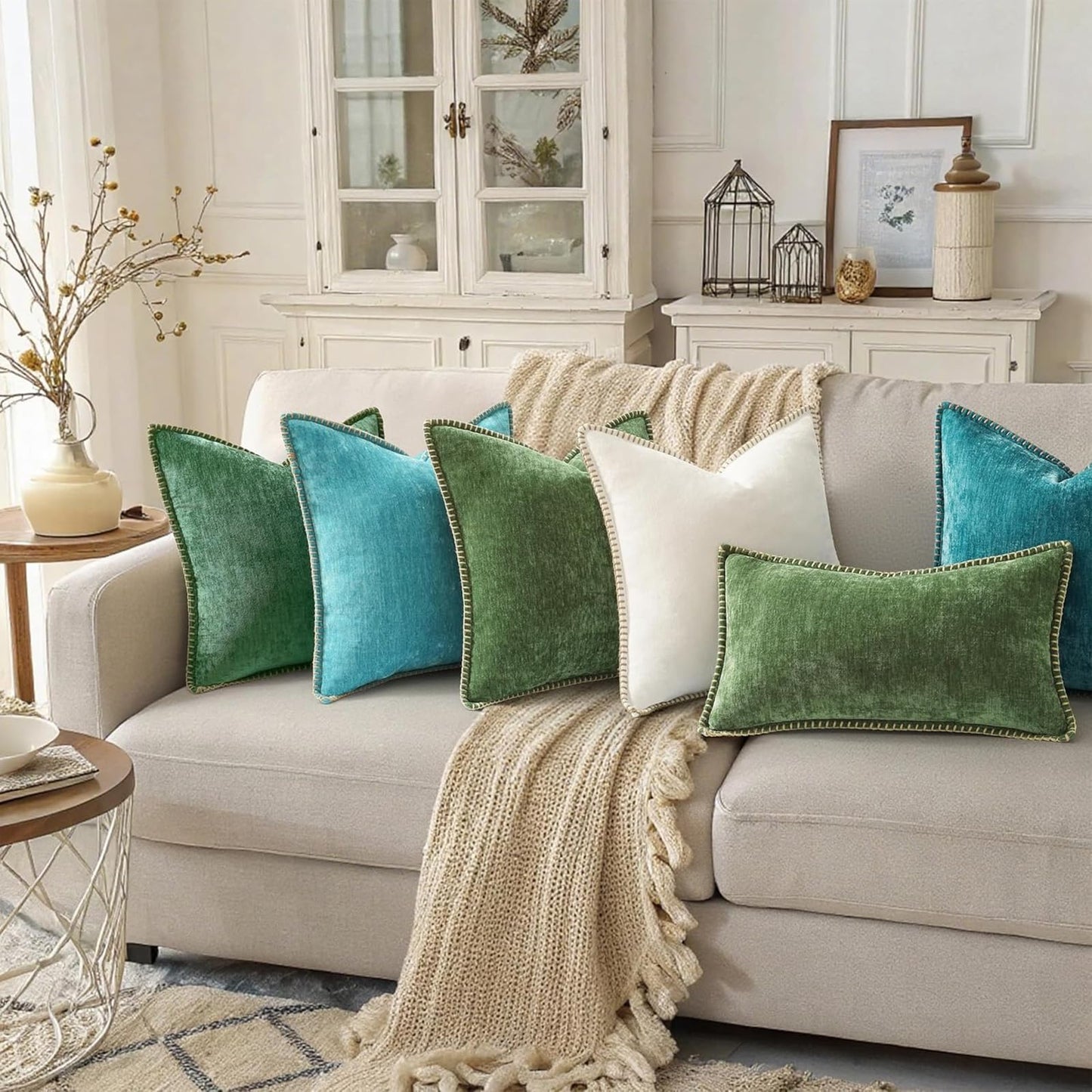 decorUhome Fall Chenille Soft Cozy Throw Pillow Covers 18x18 Set of 2, Modern Farmhouse Boho Velvet Decorative Pillow Cases with Stitched Edge for Couch Sofa Bed Home Decor, Forest Green