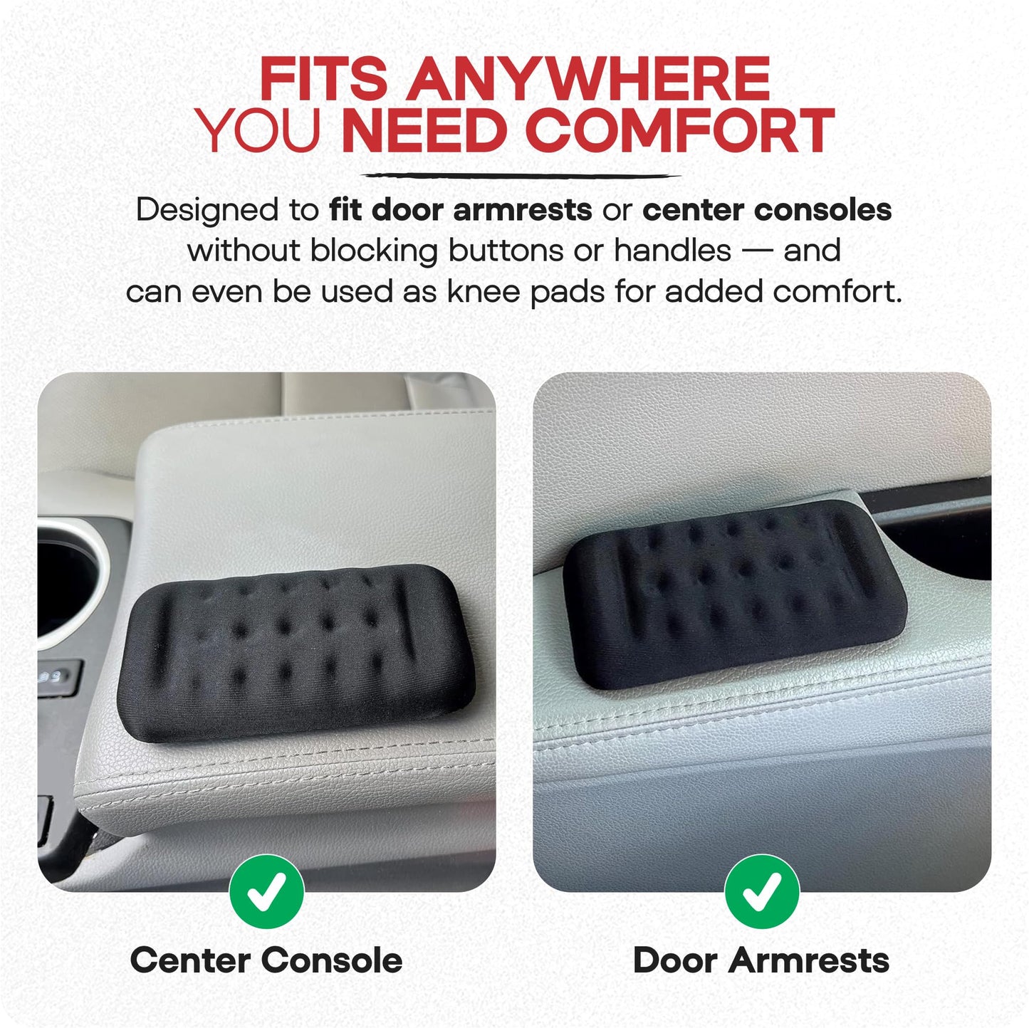 Elbow Rest Pads for Car, 2-Pack Memory Foam Armrest Cushions (5.1 x 2.6 in) for Door Armrest & Center Console, Slim Profile, High-Density Memory Foam, Non-Slip, Includes 4 Adhesive Hook & Loop Strips