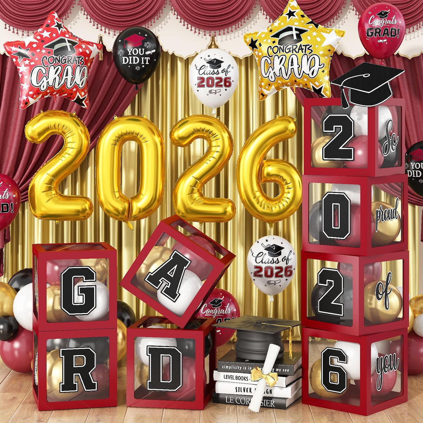 Maroon Prom Graduation Decorations Gold 2026 Number Balloons Boxes Burgundy Black Congrats Party GRAD So Pround of You Letters Star Foil Wine Red White Balloon Backdrop School College Celebrations