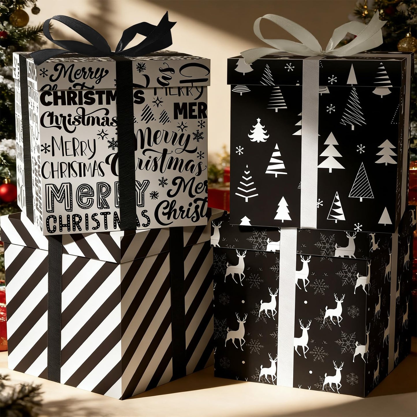 Cinrobiye 4 Pcs Christmas Gift Boxes with Lid,Ribbon and Tissue Papers,9" Black and White Christmas Winter Square Cardboard Box for Gift Wrapping Holiday Present Birthday Assorted Design (Black White)